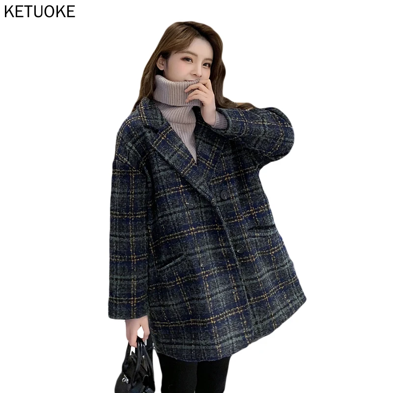 

Свободное теплое клетчатое зимнее шерстяное пальто, женское корейское осеннее модное пальто, винтажная шерстяная Женская куртка с отложны...
