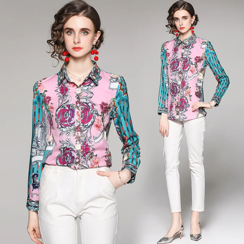 Runway Fashion Shirts Women Contrast Chain Flower Printing Blouses Ladies Turn Down Collar Button Long Sleeve Tops Mujer Blusas
Runway Fashion Shirts Women Contrast Chain Flower Printing Blouses Ladies Turn Down Collar Button Long Sleeve Tops Mujer Blusas