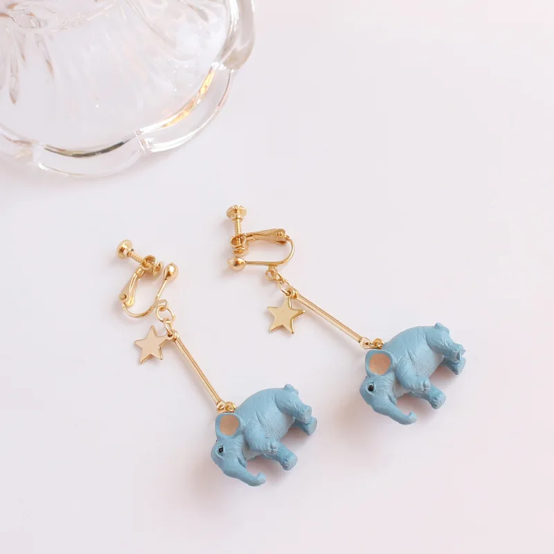 Gift-giving Earpins Converte Blue Elephant Earrings Japan and South Korea Girl Sweet Stars Stud Earrings Collars Animal Ear Clip