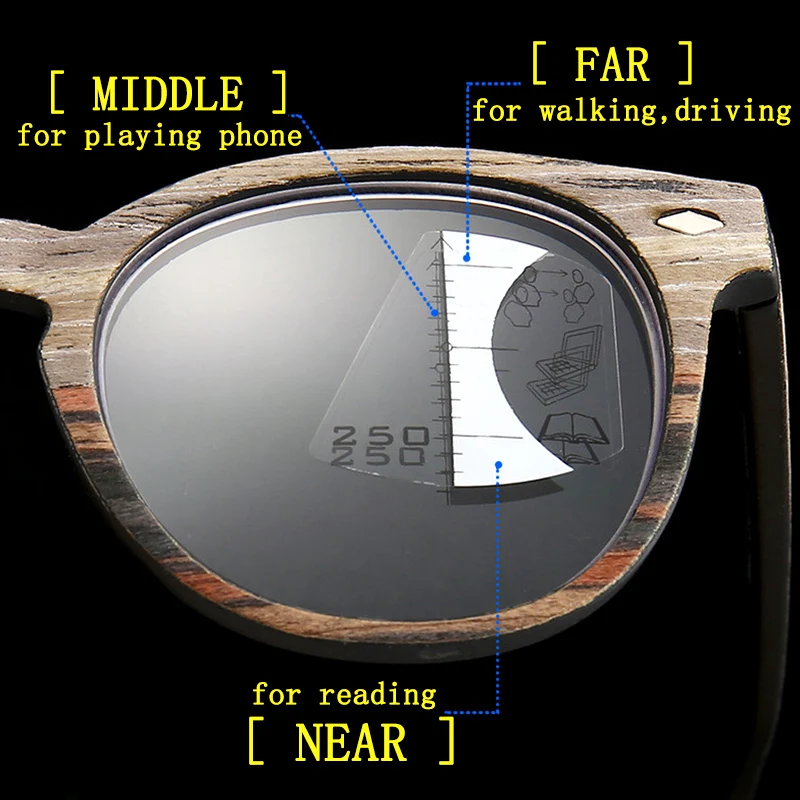 

Wood Grain Progressive Reading Glasses Men Women Multifocal Presbyopic Glasses Anti-blue light Retro Round Full-Frame