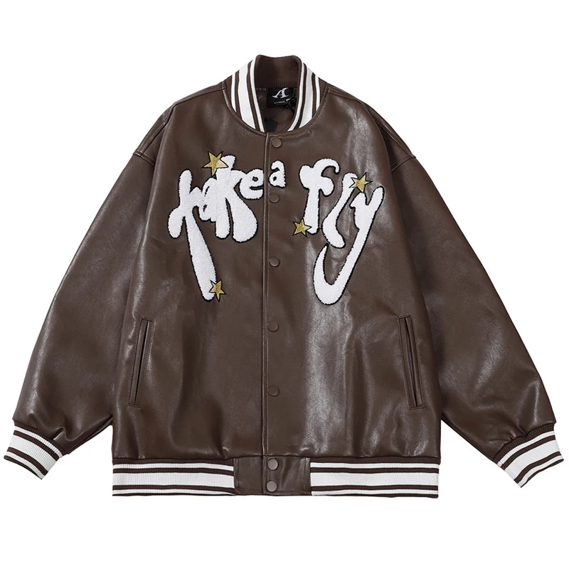 PU Leather Jacket Men Letter Embroidery Leather Sleeve Baseball Coat Hip Hop Outwear Couple Fashion Casual Loose Streetwear
PU Leather Jacket Men Letter Embroidery Leather Sleeve Baseball Coat Hip Hop Outwear Couple Fashion Casual Loose Streetwear