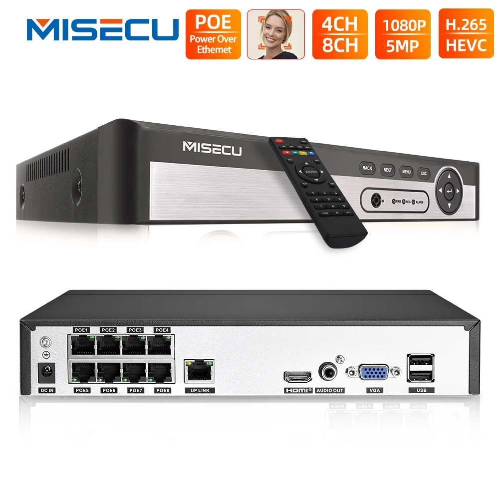 Система видеонаблюдения MISECU H.265 4 канала 8 каналов 5 Мп PoE NVR для IP камер аудиовыход