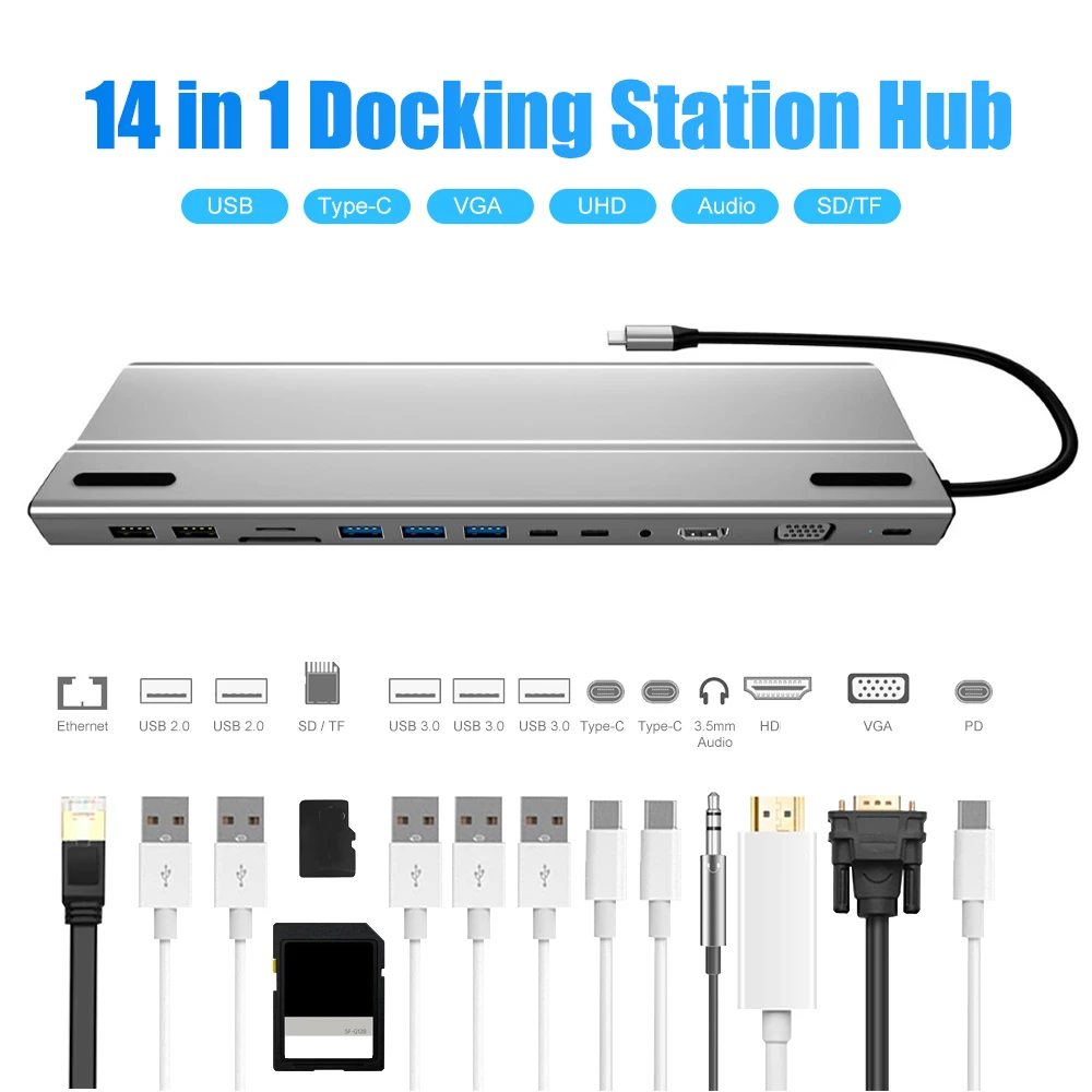 Док-станция 14 в 1 Type-C, USB 3,1 на HDMI, кардридер SD/TF, хаб для мобильных телефонов, планшетов, ноутбуков
Док-станция 14 в 1 Type-C, USB 3,1 на HDMI, кардридер SD/TF, хаб для мобильных телефонов, планшетов, ноутбуков