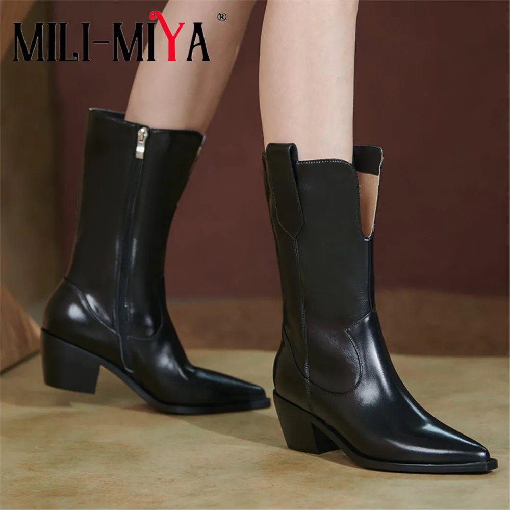 MILI-MIYA Fashion Sexy Pointed Toe Women Cow Leather Mid Calf Boots Thick Heels Solid Color Zipper Handmade For Ladies
MILI-MIYA Fashion Sexy Pointed Toe Women Cow Leather Mid Calf Boots Thick Heels Solid Color Zipper Handmade For Ladies