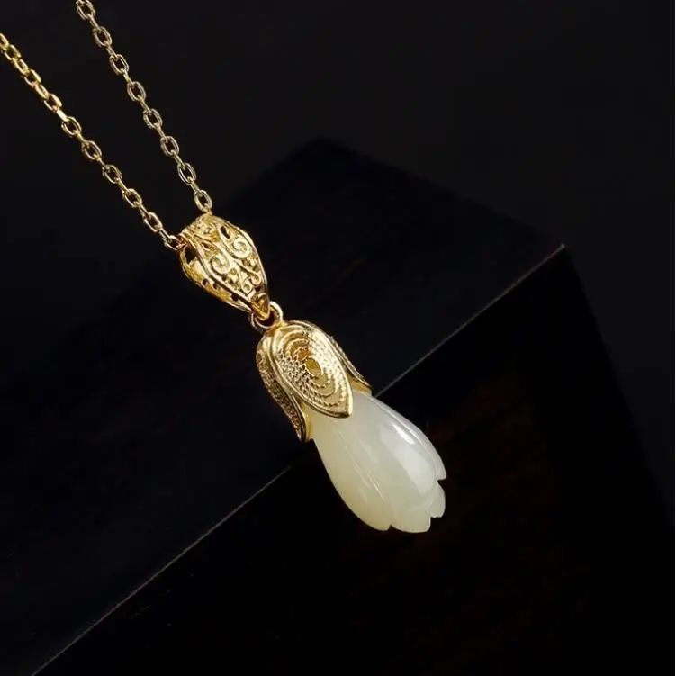 

S925 Sterling Silver Inlaid Natural Hetian Jade Orchid Pendant Clavicle Chain Pendant White Magnolia Flower Necklace Pendant