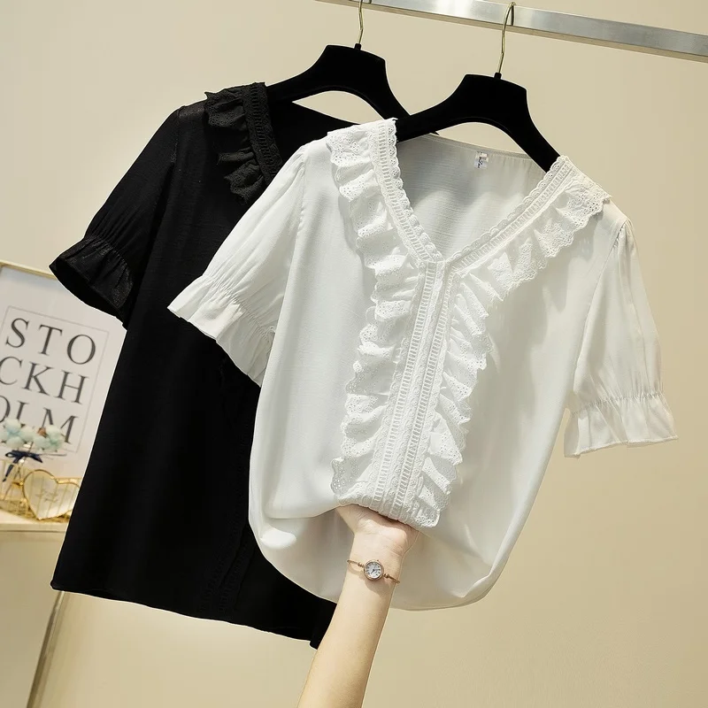 Black White Lace Stitch V-Neck Short Sleeved Plus Size Oversized Korean Fashion Summer Women'S Clothing Shirts Blouses Tops 2021
Black White Lace Stitch V-Neck Short Sleeved Plus Size Oversized Korean Fashion Summer Women'S Clothing Shirts Blouses Tops 2021