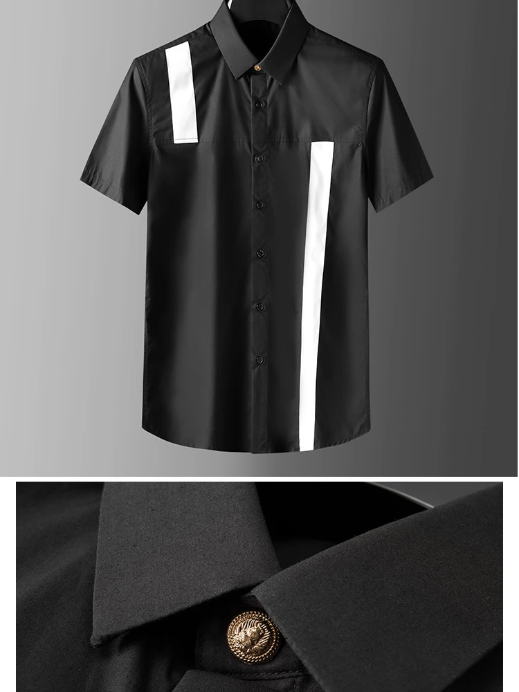 European and American popular neckline metal buckle black and white webbing stitching men's short-sleeved shirt men sweetshirts
European and American popular neckline metal buckle black and white webbing stitching men's short-sleeved shirt men sweetshirts