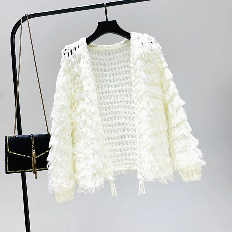 

3D Hook Sweater Flowers Tassels Circles Sequins Knitted Cardigan Crochet Beading Fringed Hollow Coat Tops Sueter Mujer 2021