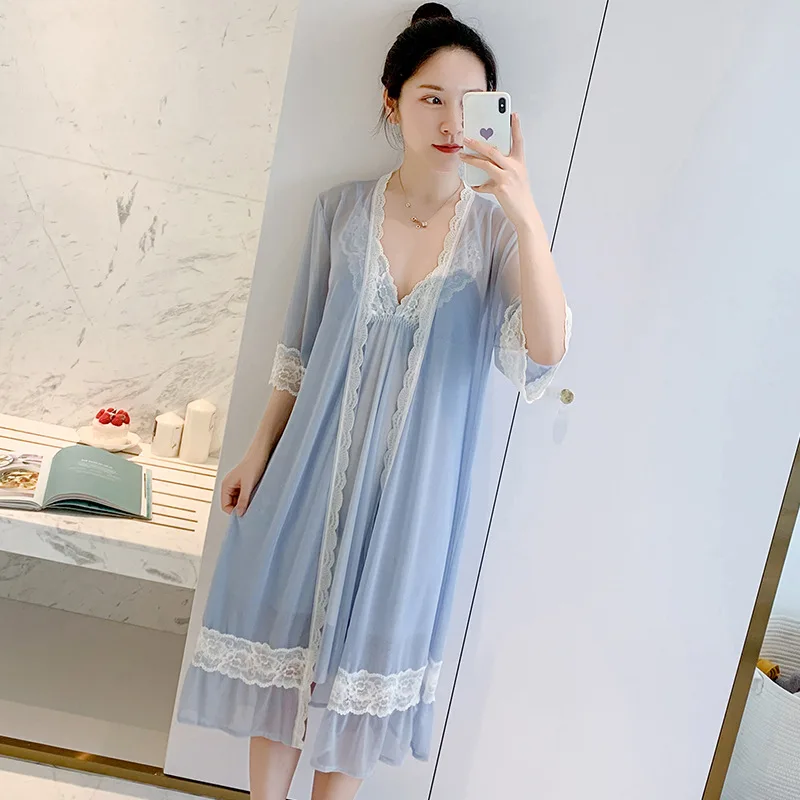 Spring and Autumn Women's Sexy Slip Nightdress Nightgown Two-Piece Pajamas Bathrobe Leisure Tops with Chest Pad Robe & Gown Sets
Spring and Autumn Women's Sexy Slip Nightdress Nightgown Two-Piece Pajamas Bathrobe Leisure Tops with Chest Pad Robe & Gown Sets