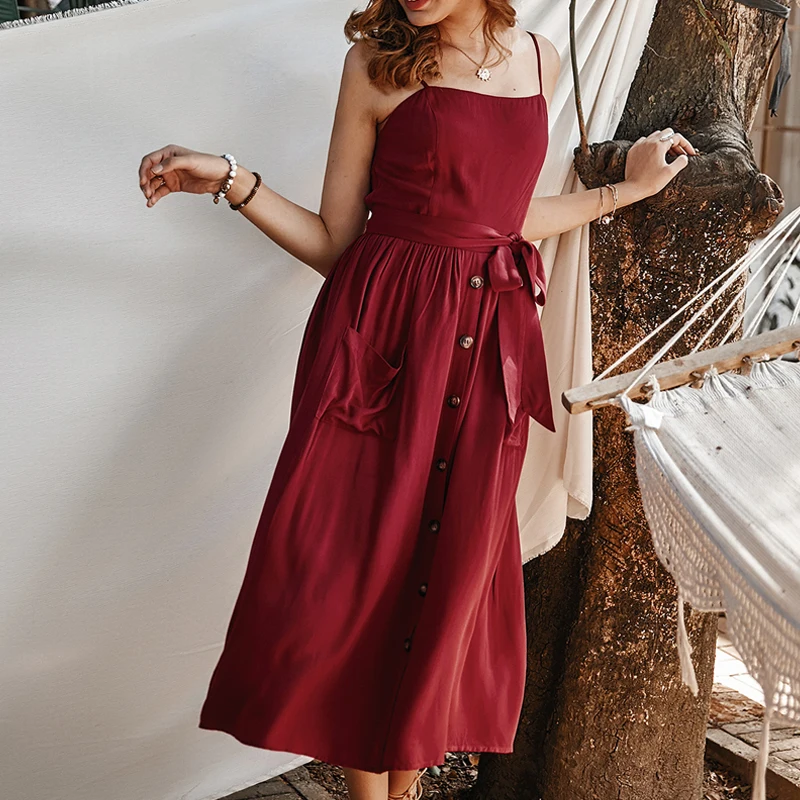 Women Cottagecore Dress Spaghetti Strap Summer Dress Solid Color 2021 Fashion Beach Button Pocket Casual Dresses for Women Red
Women Cottagecore Dress Spaghetti Strap Summer Dress Solid Color 2021 Fashion Beach Button Pocket Casual Dresses for Women Red