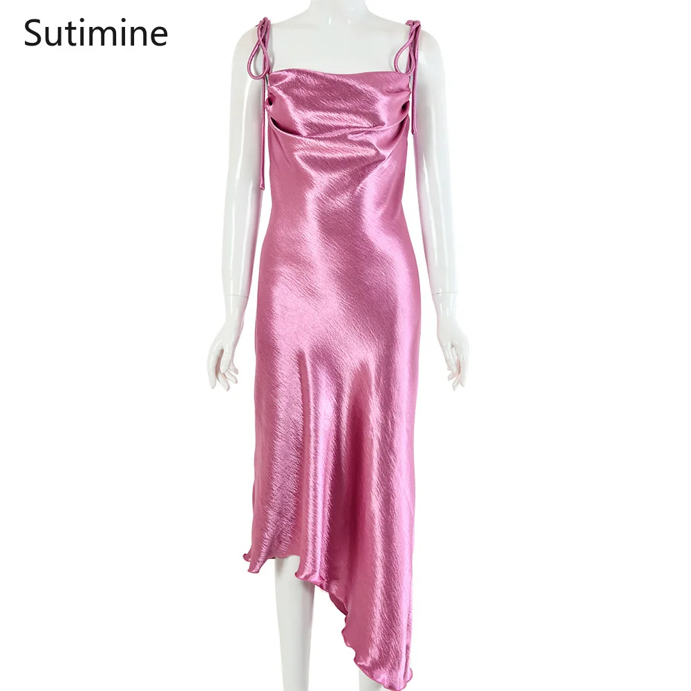 Spaghetti Strap Satin Dress Women Sexy Backless Cross Bandage Party Dress Cold Touch Asymmetrical Bevel Short Club Dress Pink
Spaghetti Strap Satin Dress Women Sexy Backless Cross Bandage Party Dress Cold Touch Asymmetrical Bevel Short Club Dress Pink