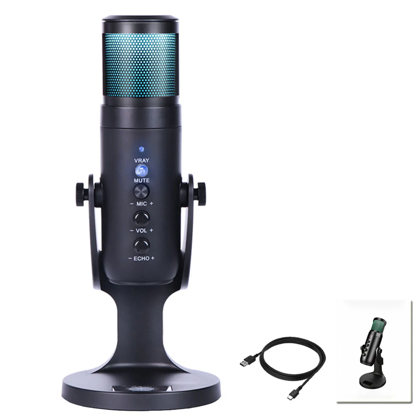 

PC Laptop USB Gaming KTV RGB Lighitng Multifunctional For Singing Recording Audio 360 Degree Rotation Condenser Microphone