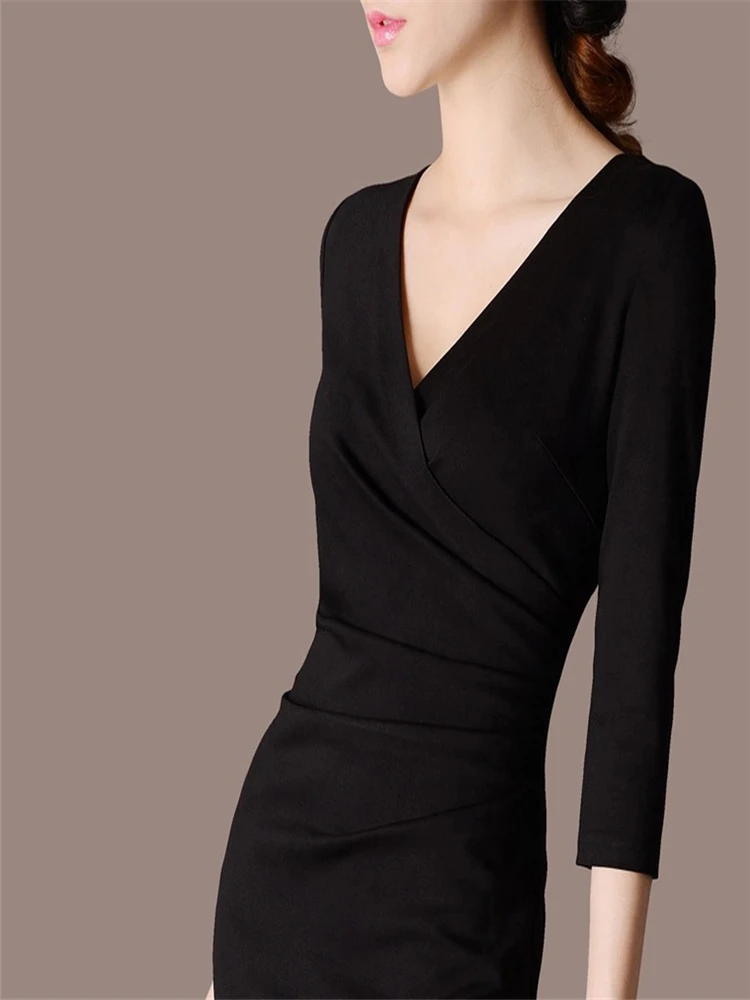 Woman Ol Spring Black V-neck Three Quarter Full Knee-length Pencil Dresses Female Oversized Fall Solid Fold Hedging Slim Dress
Woman Ol Spring Black V-neck Three Quarter Full Knee-length Pencil Dresses Female Oversized Fall Solid Fold Hedging Slim Dress