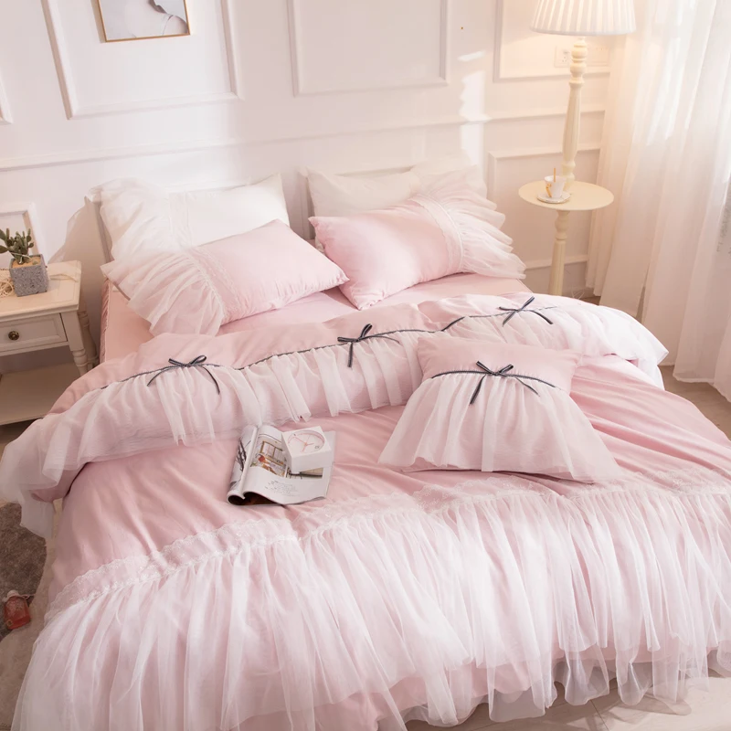 Sweet Princess Style Lace Edge Cotton Blends Bed Skirt Duvet Cover Pillow Case Four Pieces Bedding Set Bowknot N22 
Sweet Princess Style Lace Edge Cotton Blends Bed Skirt Duvet Cover Pillow Case Four Pieces Bedding Set Bowknot N22