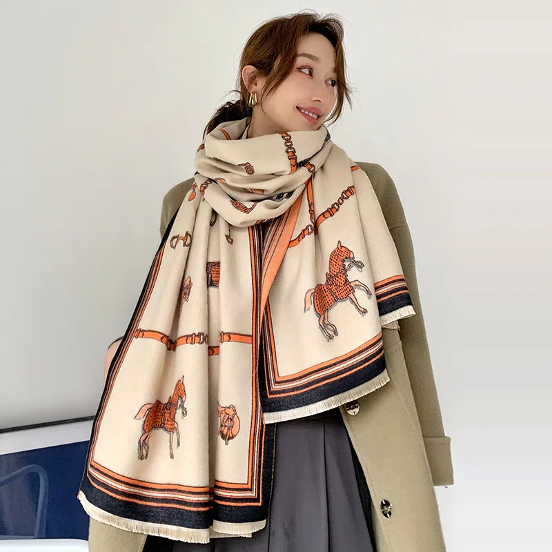 

2021 роскошный бренд рисунок лошадей, шарф для женщин Зимний Теплый кашемировые шарфы-платки Пашмина женский плотный плед шарф