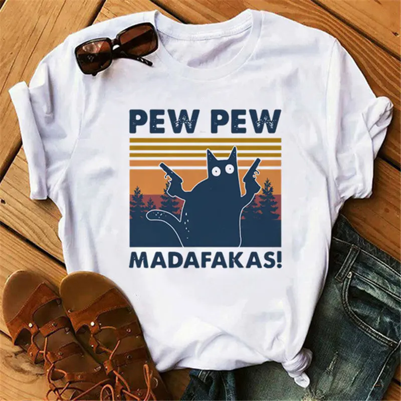 Женская футболка с принтом Pew Madafakas Ретро коротким рукавом в стиле