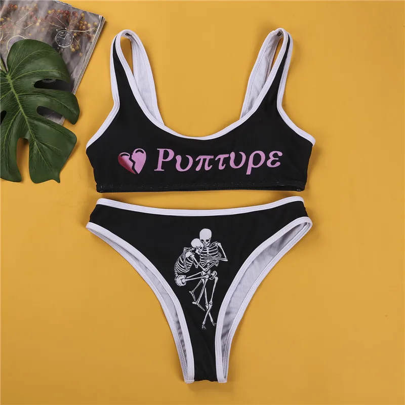 Women’s Two Piece Bikini Funny Print Suits Letter Suspender Tops And Skeleton Print Mid-waist Thong Ladies Swimsuits Biquinis
Women’s Two Piece Bikini Funny Print Suits Letter Suspender Tops And Skeleton Print Mid-waist Thong Ladies Swimsuits Biquinis