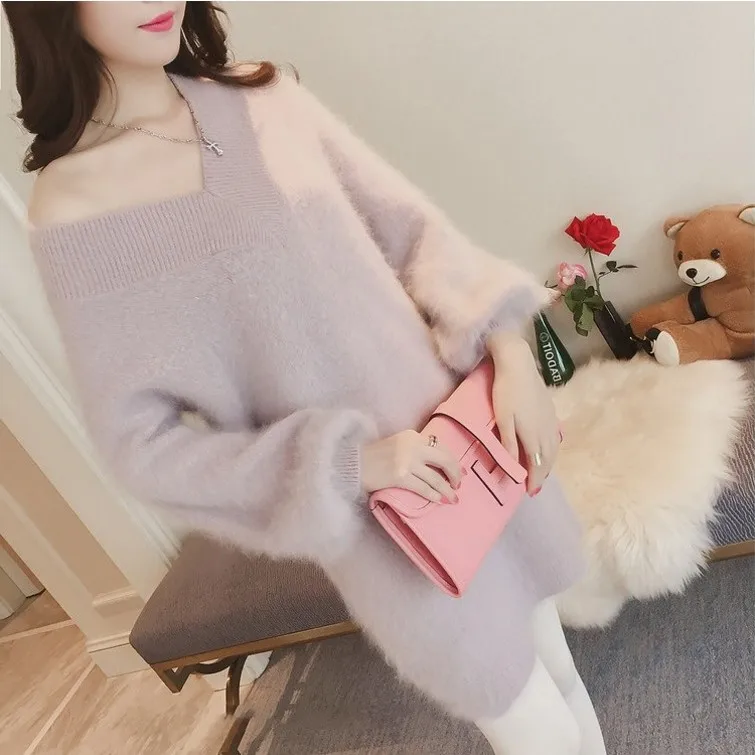 Long Sweater Women Pullover 2020 Mohair Solid Color Autumn Warm Spring v-neck Sleeve Winter Clothes Vestidos LXJ896 | Женская одежда