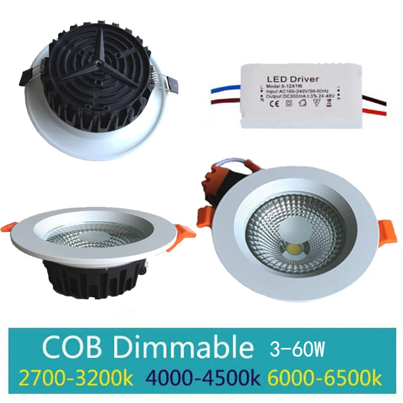 

led cob downlight dimmable 5w 7w 10w 15w 20w 30w 40w 50w 60w Anti-galre recessed led ceiling light LED Spot Light 110v 220v