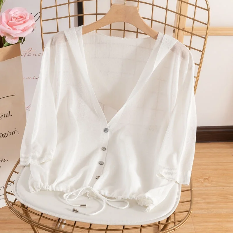 Women 2022 Spring Summer 3/4 Sleeve Knitted Cardigan Korean Button Up Hooded Jacket Ice Silk Sweater Thin Sunscreen Tops Y89
Women 2022 Spring Summer 3/4 Sleeve Knitted Cardigan Korean Button Up Hooded Jacket Ice Silk Sweater Thin Sunscreen Tops Y89