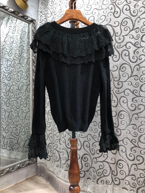 2020 autumn and winter fashion new ladies round neck sweet ruffled mesh stitching trumpet sleeve sweater 1206
2020 autumn and winter fashion new ladies round neck sweet ruffled mesh stitching trumpet sleeve sweater 1206