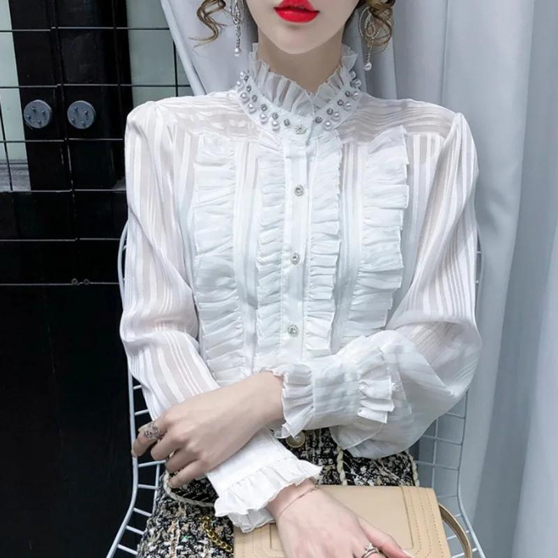 #2005 Beige Blue White Ruffles Chiffon Shirts For Women Stand Collar Beadings Sexy Office Basic Shirts Long Sleeved Cute Thin
#2005 Beige Blue White Ruffles Chiffon Shirts For Women Stand Collar Beadings Sexy Office Basic Shirts Long Sleeved Cute Thin