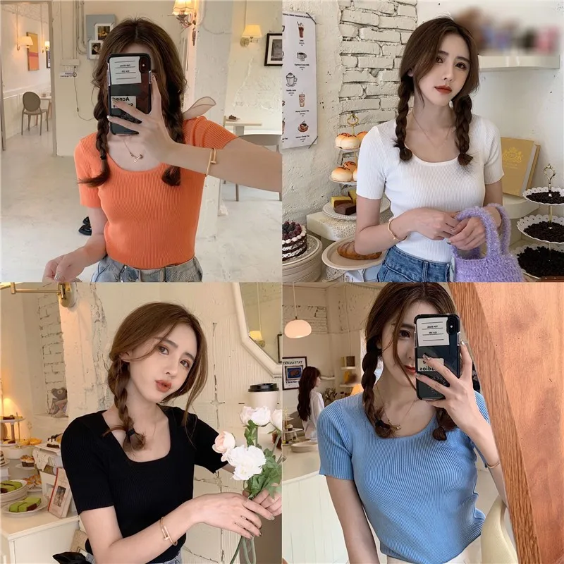 2020 Women Sexy Kintted T-Shirt Square Collar Solid Short Sleeve Knitted Slim Pullover T-Shirt Korean Style
2020 Women Sexy Kintted T-Shirt Square Collar Solid Short Sleeve Knitted Slim Pullover T-Shirt Korean Style