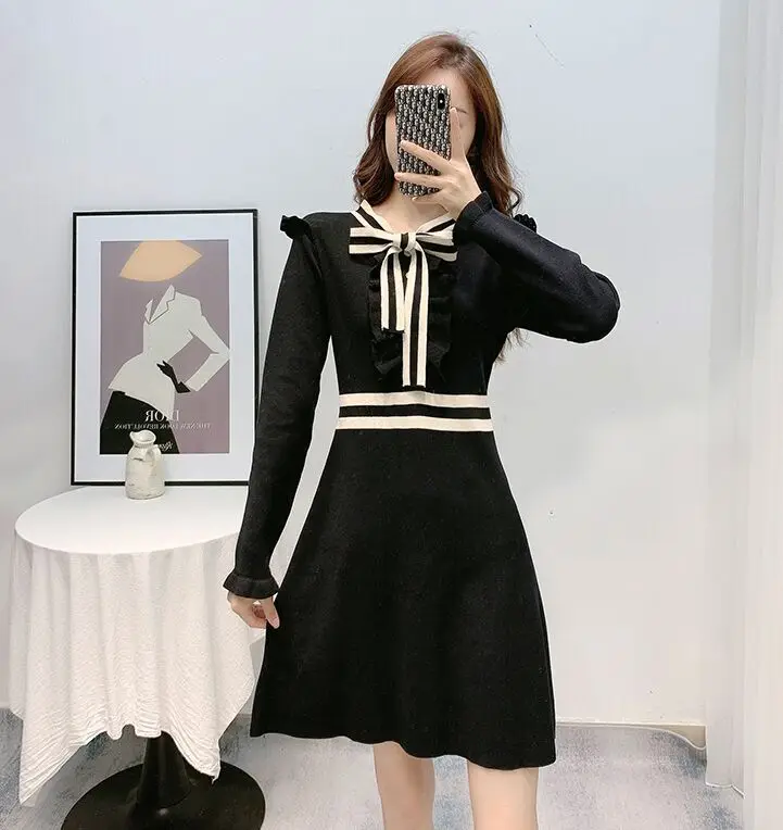Fashion wood ear bowknot knitted dress 2021 spring new waist slimming long-sleeved bottoming skirt female
Fashion wood ear bowknot knitted dress 2021 spring new waist slimming long-sleeved bottoming skirt female