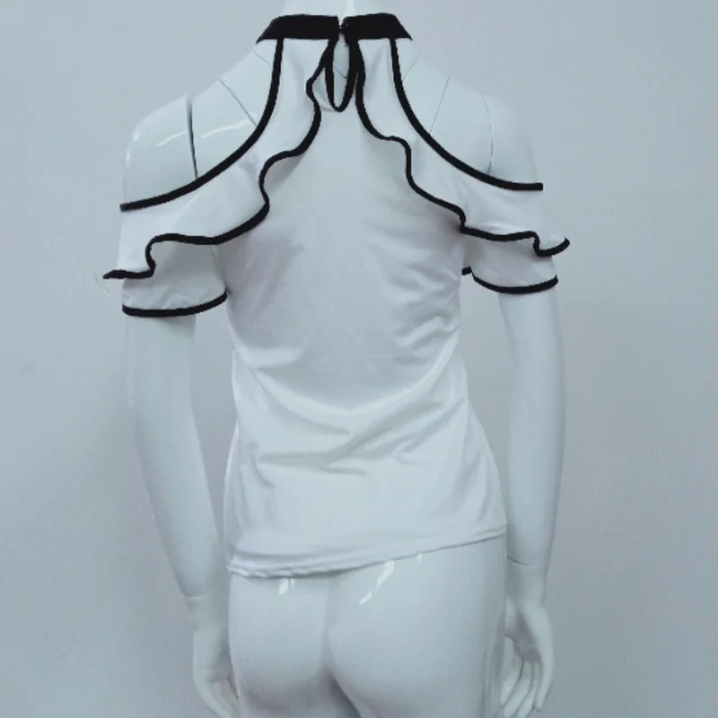 Sexy Off Shoulder Stand Collar Casual Binding Ruffle Trim Elegant Backless White Black T-shirts 2021 Summer Clothes for Women
Sexy Off Shoulder Stand Collar Casual Binding Ruffle Trim Elegant Backless White Black T-shirts 2021 Summer Clothes for Women