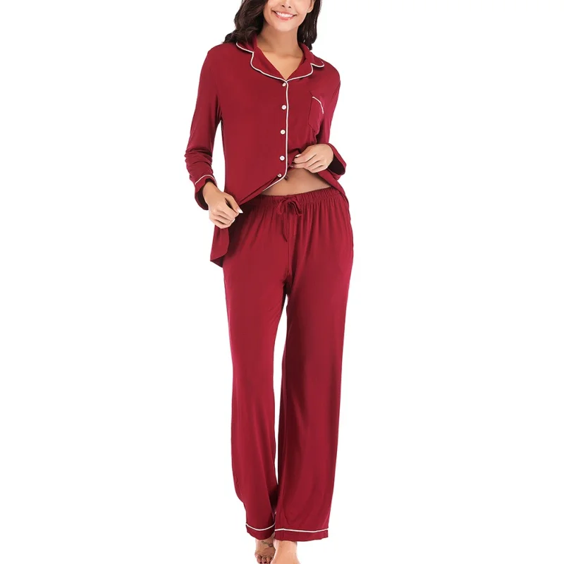 Women's Pajamas Autumn Sleepwear Elegant Solid Long Sleeve Lapel Top+Pant Ladies V-neck Button Two Piece Women Sets
Women's Pajamas Autumn Sleepwear Elegant Solid Long Sleeve Lapel Top+Pant Ladies V-neck Button Two Piece Women Sets