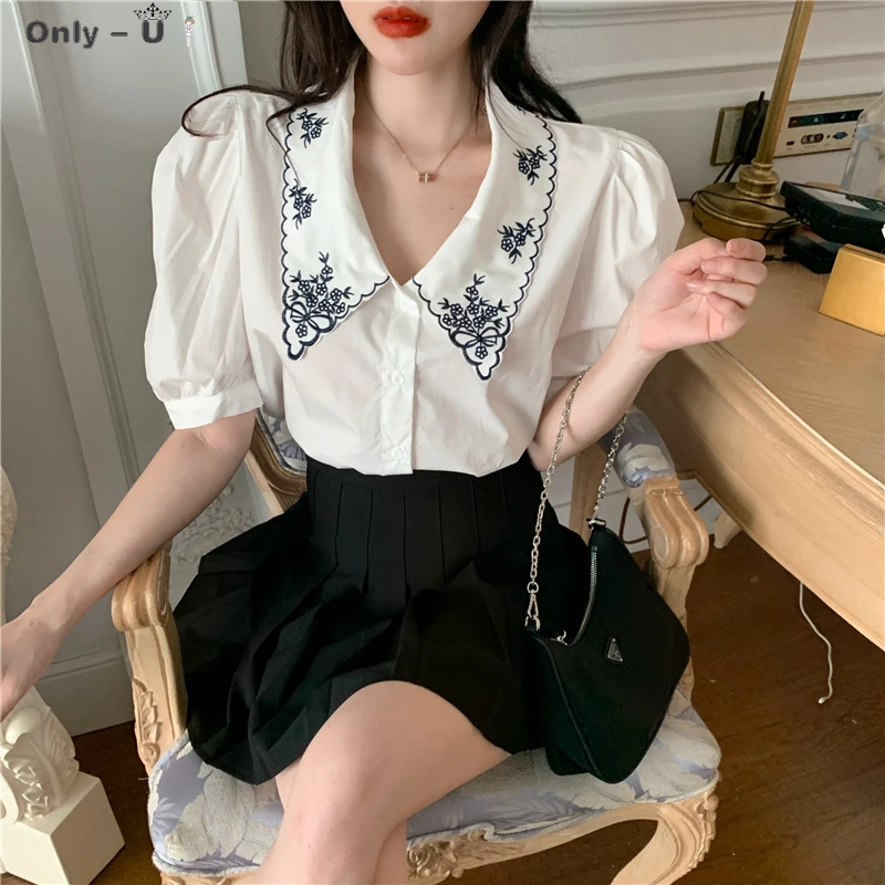 Vintage Embroidery Shirt Womens tops Loose Puff Sleeve Turn-down Collar Women shirts White Black 5636
Vintage Embroidery Shirt Womens tops Loose Puff Sleeve Turn-down Collar Women shirts White Black 5636