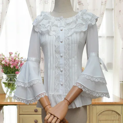 

Vintage Gothic Lolita Dress Blouse for Tea Party Flare Sleeve Lace Female Flounce Chiffon Ruffled Collar Base Shirt
