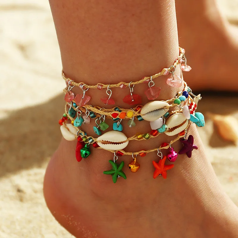 

2021 Bohemian Style Jewelry Beach Wind Starfish Shell Anklet Women Woven Raffia Colored Gravel Foot Decoration Girlfriend Gift