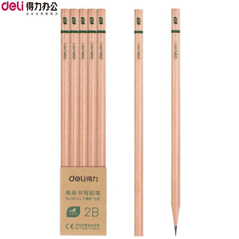 

10 pcs / box Deli 58144, 2b hexagonal advanced graphite pencil, writing pen, log non-toxic pencil, student office stationery