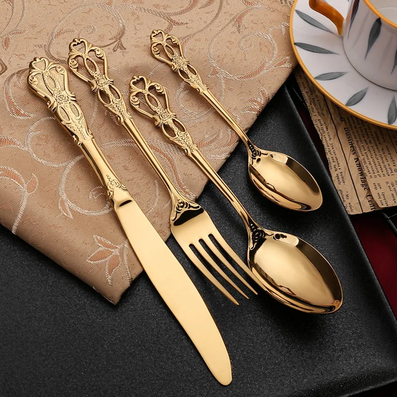Vintage Western Gold Plated Cutlery Dining Knives Forks Teaspoons Set Golden Luxury Dinnerware Engraving Tableware Utensils Set
Vintage Western Gold Plated Cutlery Dining Knives Forks Teaspoons Set Golden Luxury Dinnerware Engraving Tableware Utensils Set