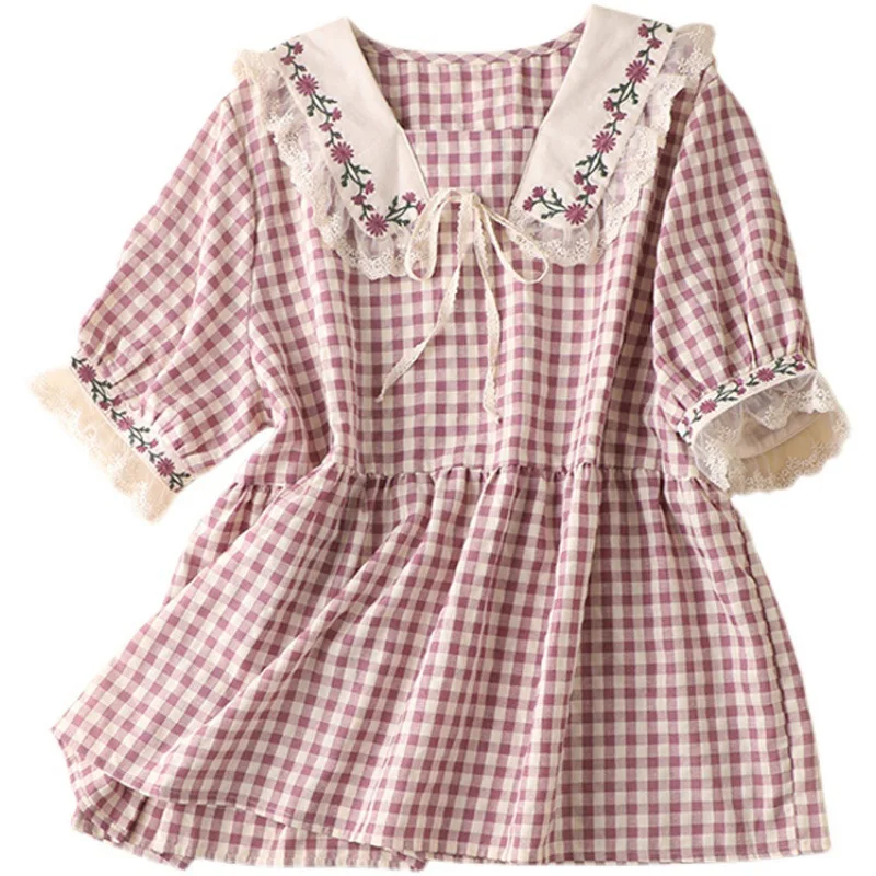 SHUCHAN Plaid Women Shirts Blouses 60% Linen + 40% COTTON Embroidery Turn-down Collar Natural Fiber Tops Blusas 
SHUCHAN Plaid Women Shirts Blouses 60% Linen + 40% COTTON Embroidery Turn-down Collar Natural Fiber Tops Blusas
