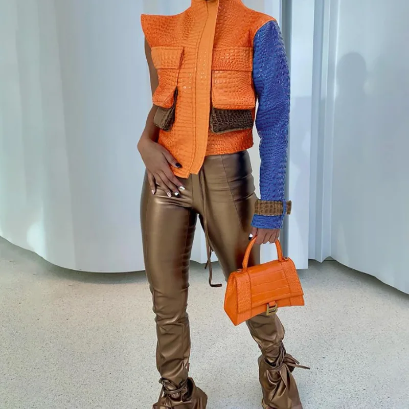 Autumn Women's New Zipper One Shoulder Fashion Contrast Color Stitching Single Sleeved PU Imitation Leather Slim Street Jacket
Autumn Women's New Zipper One Shoulder Fashion Contrast Color Stitching Single Sleeved PU Imitation Leather Slim Street Jacket