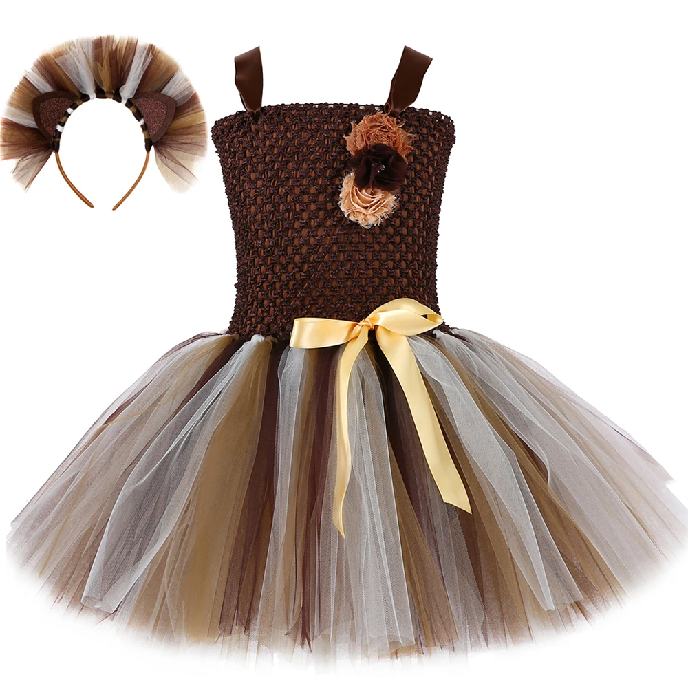 

Wild Lion Mane Tutu Dress Brown Flowers Kids Girls Birthday Party Dress Children Halloween Cosplay Animal Dress Costumes 1-14Y
