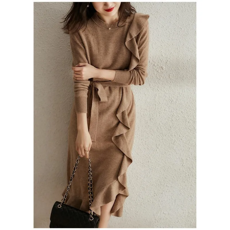 Women 's Dress Fashionable Ruffled Tied Wool Knitted Long-sleeve Round-collar Dress Temperament Commute Suitable for Work Party
Women 's Dress Fashionable Ruffled Tied Wool Knitted Long-sleeve Round-collar Dress Temperament Commute Suitable for Work Party