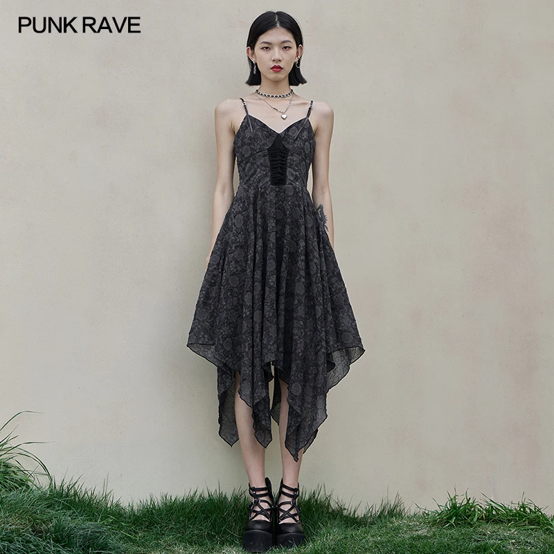 

PUNK RAVE Women's Gothic Daily Asymmetrical Hem Flower Chiffon Slip Dress Collect Waist Draping Sleeveless Black Long Dress