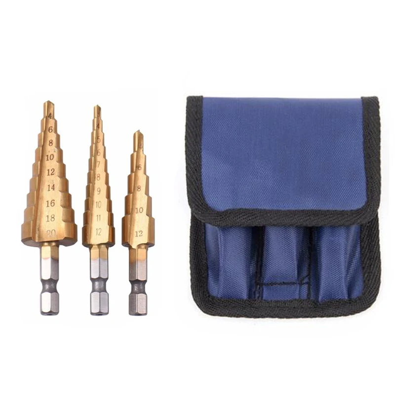 3pcs Hss Steel Titanium Step Drill Bits 3-12mm 4-12mm 4-20mm Step Cone Cutting Tools Steel Woodworking Wood Metal Drilling Set
3pcs Hss Steel Titanium Step Drill Bits 3-12mm 4-12mm 4-20mm Step Cone Cutting Tools Steel Woodworking Wood Metal Drilling Set