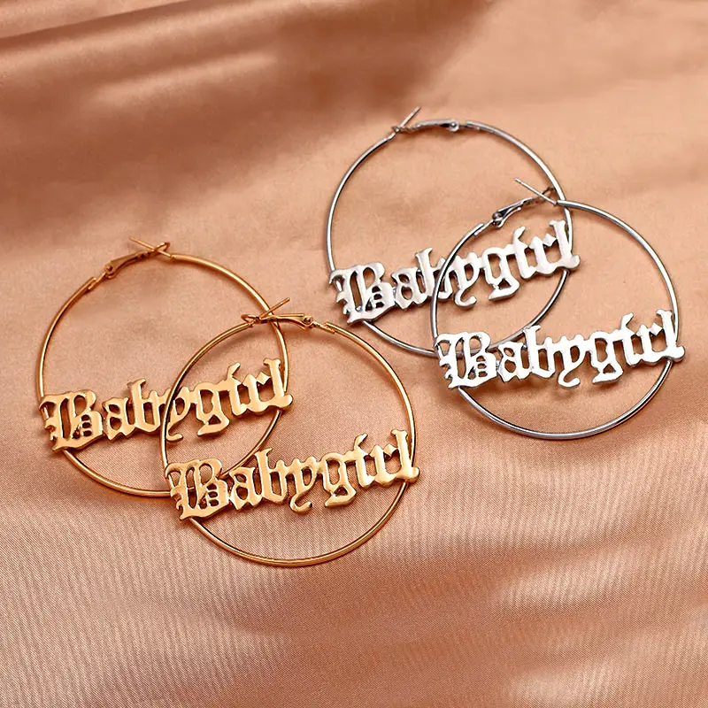 Flatfoosie Punk Hip-hop Hyperbole Big Circle Hoop Earrings Gold Silver Color Babygirl Letter Earrings Women Fashion Jewelry 
Flatfoosie Punk Hip-hop Hyperbole Big Circle Hoop Earrings Gold Silver Color Babygirl Letter Earrings Women Fashion Jewelry