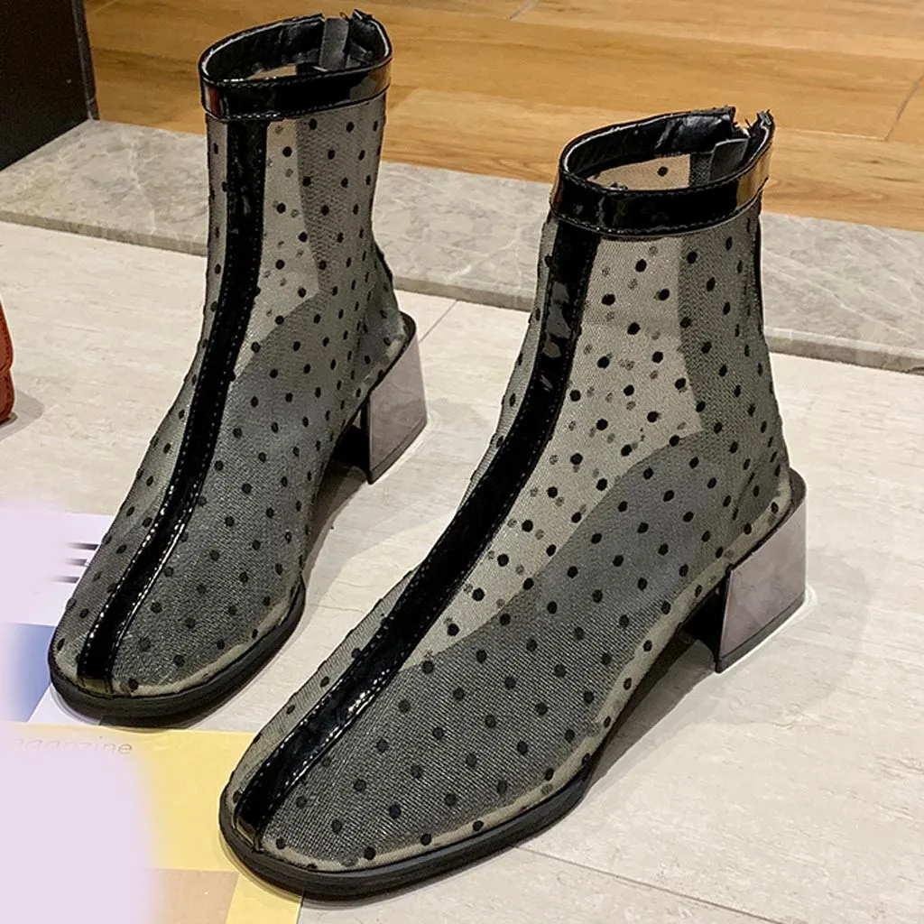 2019 Women's Ankle Boots Polka Dot Mesh Summer Autumn Lady Rome Style Short Boot Sexy Retro High Heel Shoes Breathable Classic | Обувь