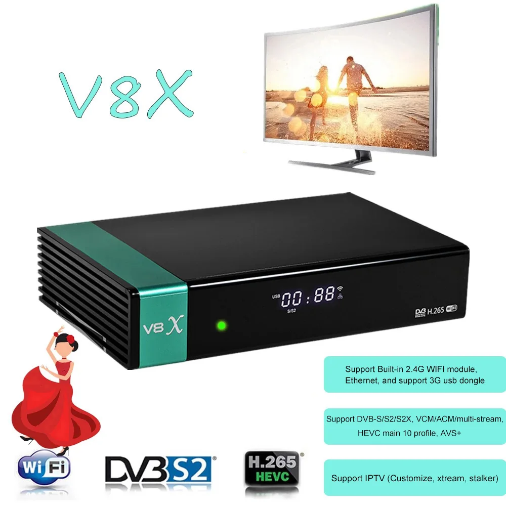 V8X DVB-S2 Satellite Receiver FHD Built in WIFI H.265 DVB Decoder Support PowerVu Bisskey BISS Auto Roll
V8X DVB-S2 Satellite Receiver FHD Built in WIFI H.265 DVB Decoder Support PowerVu Bisskey BISS Auto Roll