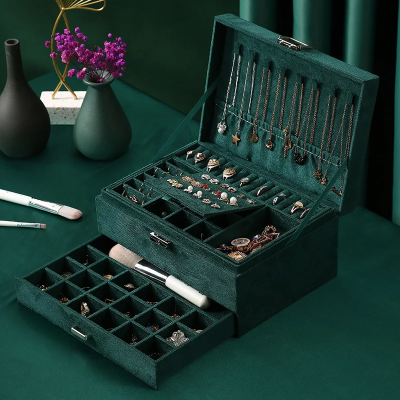 New Green 3-Layer Flannel Jewelry Organizer Box Necklaces Earrings Rings Display Holder Case for Women Large Capacity With Lock | Украшения