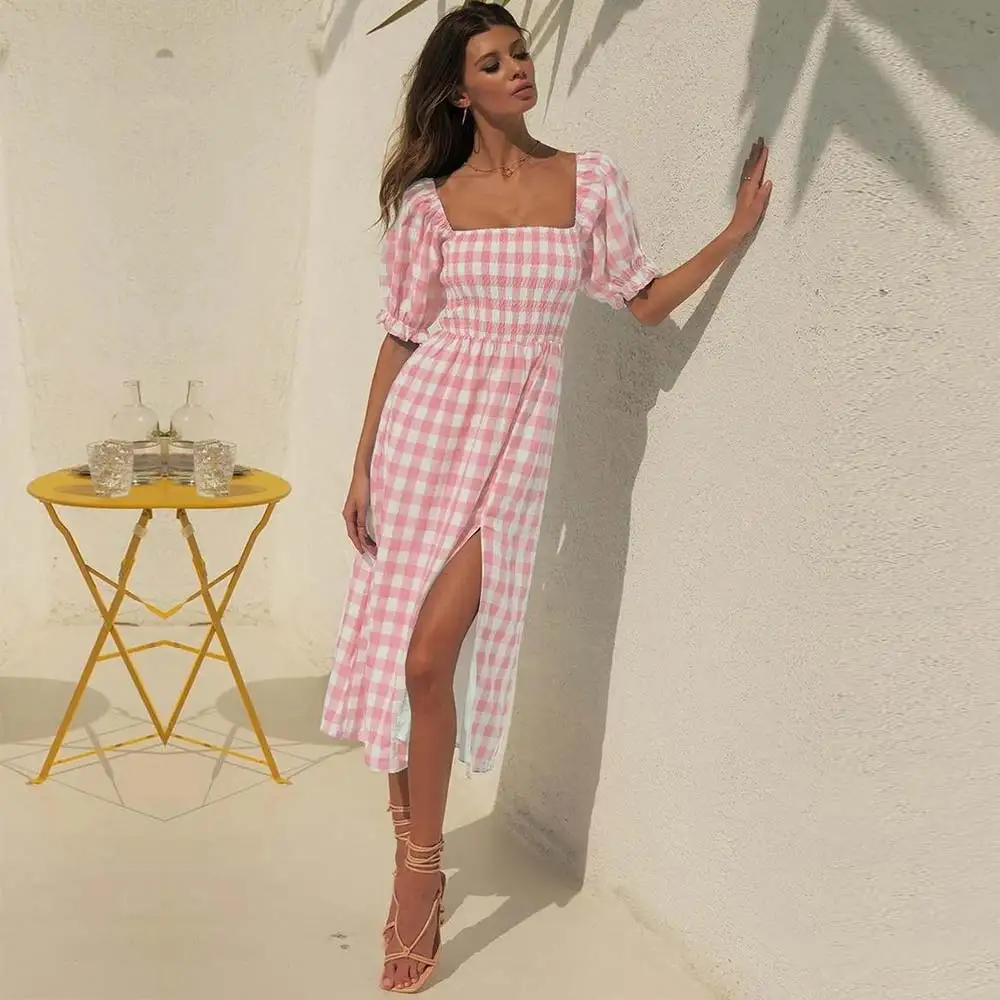 Soolasea New Vintage Summer Plaid Long Women Dress Sweet Slash Neck Female Puff Sleeve Ladies Split Party Beach Dress Vestidos
Soolasea New Vintage Summer Plaid Long Women Dress Sweet Slash Neck Female Puff Sleeve Ladies Split Party Beach Dress Vestidos