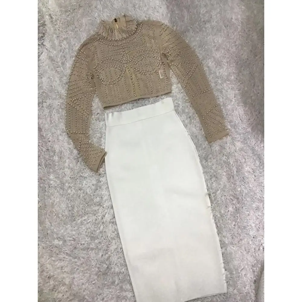 High Quality New Fashiom Two Piece Women Set Sexy Autumn Long Sleeves Beading Top White Bandage Dress Vintage Bandagem
High Quality New Fashiom Two Piece Women Set Sexy Autumn Long Sleeves Beading Top White Bandage Dress Vintage Bandagem