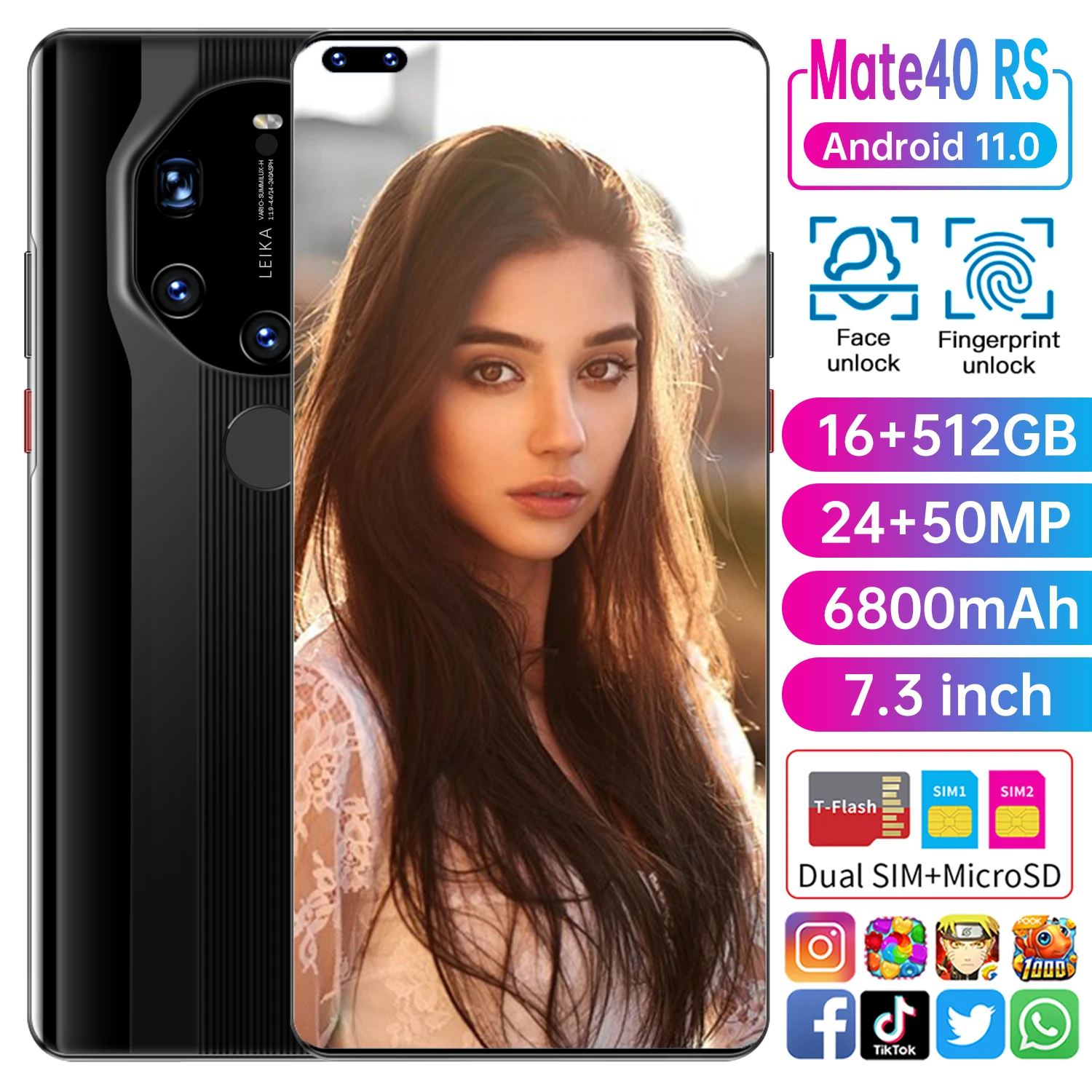 Factory Sale Smartphone Mate40 RS Global Version 7.3 Inch Full Screen 6800mah MT6889 16G 512G 24MP 50MP Camera Face ID Cellphone
Factory Sale Smartphone Mate40 RS Global Version 7.3 Inch Full Screen 6800mah MT6889 16G 512G 24MP 50MP Camera Face ID Cellphone