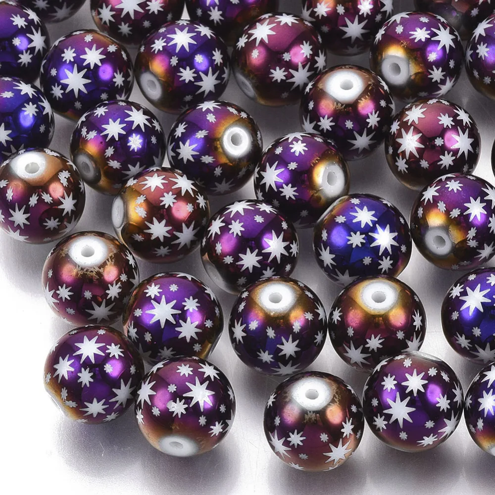 

20pcs 10mm Christmas Electroplate Glass Beads Round with Star Pattern for DIY Christmas Ornament Jewelry Making Accessories