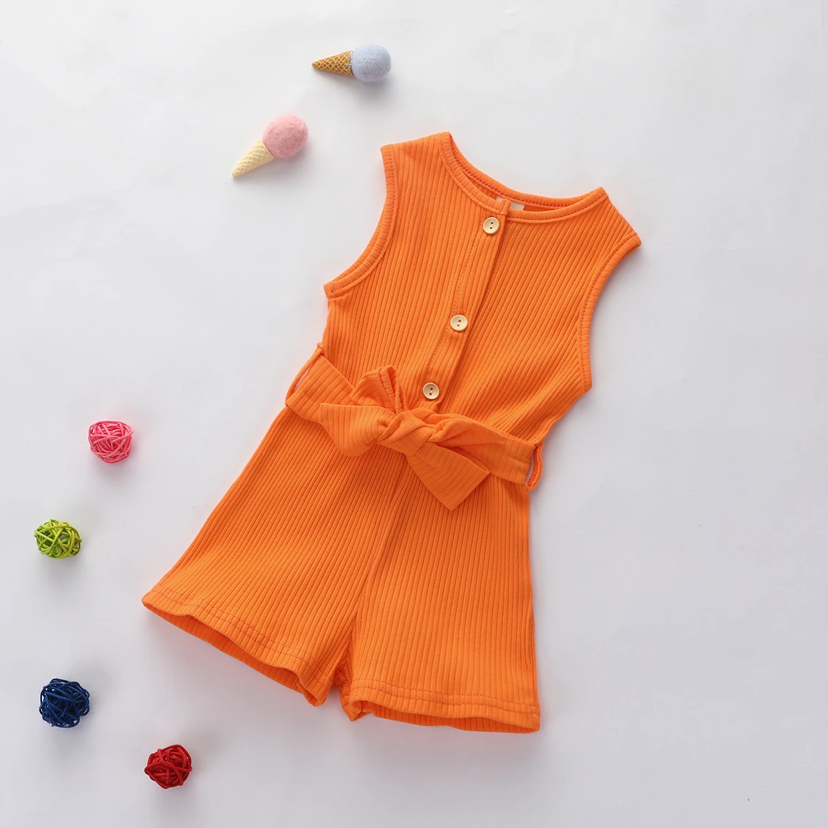 

Baby Girls Rib Knitted Playsuit with Sashes 0-18M Newborn Infant Toddler Summer Casual Cotton Sleeveless Jumpsuit Romper Outfits